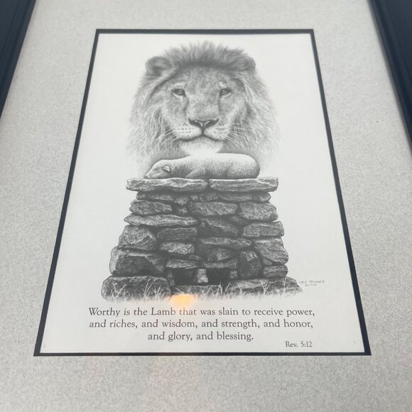 Lion & Lamb Framed Religious Artwork By Sue Christmas 1992 Rev 5:12 Bible Verse - Picture 3 of 11